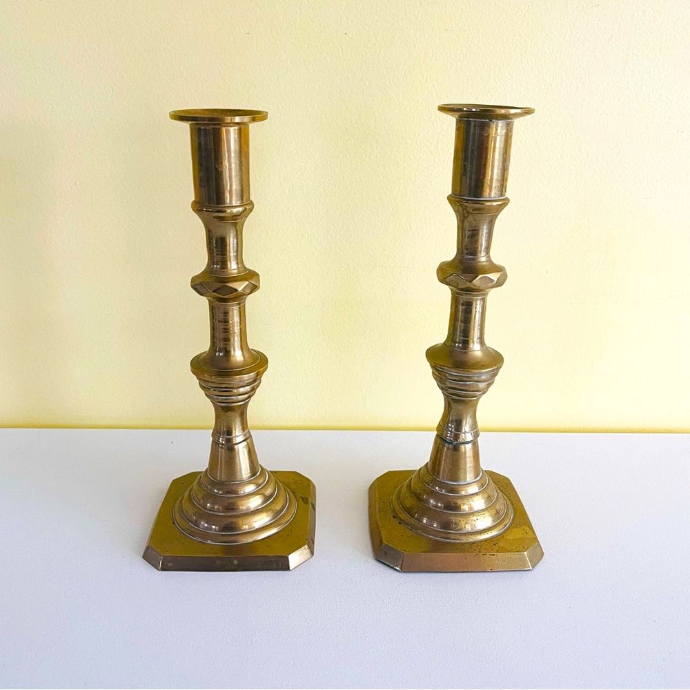 Antique Victorian English Solid Brass Candlesticks Beehive Pattern Candle Holder